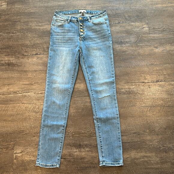 Abela Story & Co. 5 Light-wash High Rise Button Fly Open Knee Skinny Jean NWOT - Picture 1 of 9